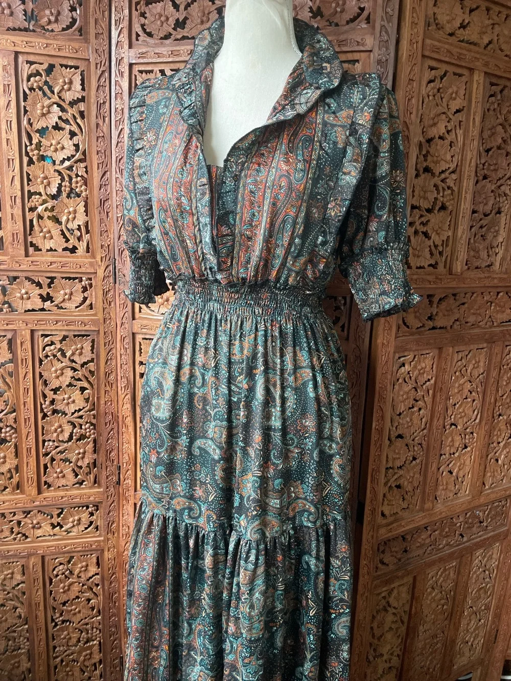 Vintage Boho Festival Western Paisley Tiered Ruffle Maxi Dress - Picture 6 of 16
